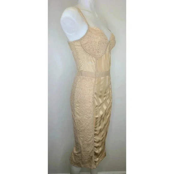 PrettyLittleThing Stone Shape Lace Mesh Stripe Midi Dress Tan Beige Bodycon 8 - Picture 6 of 15